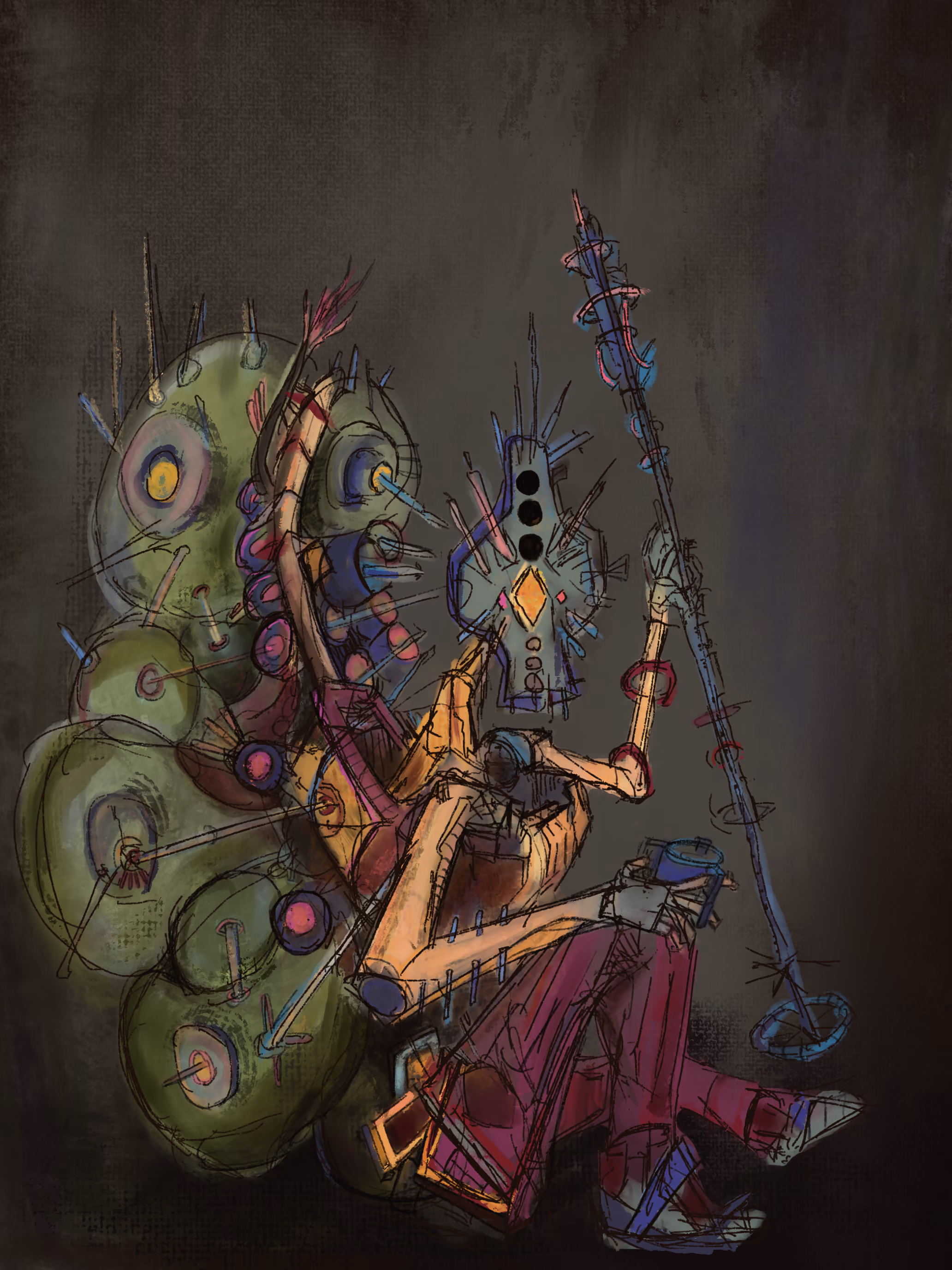 A tall, thin mechanical figure in a red robe sits against a dark brown ground, holding a long staff ringed with blue loops. Its flat head has three black dots and an orange diamond, and behind it rises a cluster of rounded green pods pierced by spikes.