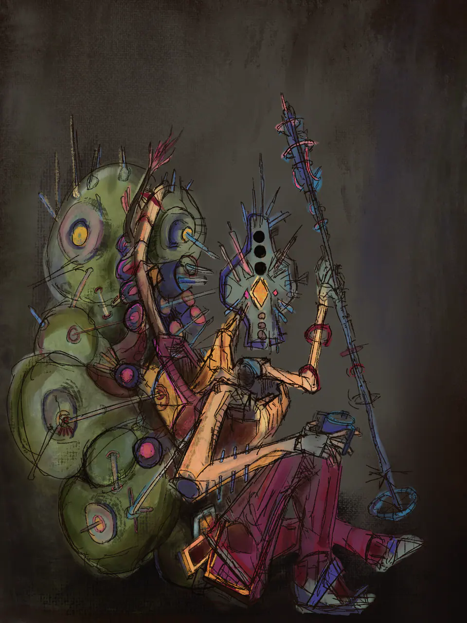A tall, thin mechanical figure in a red robe sits against a dark brown ground, holding a long staff ringed with blue loops. Its flat head has three black dots and an orange diamond, and behind it rises a cluster of rounded green pods pierced by spikes.