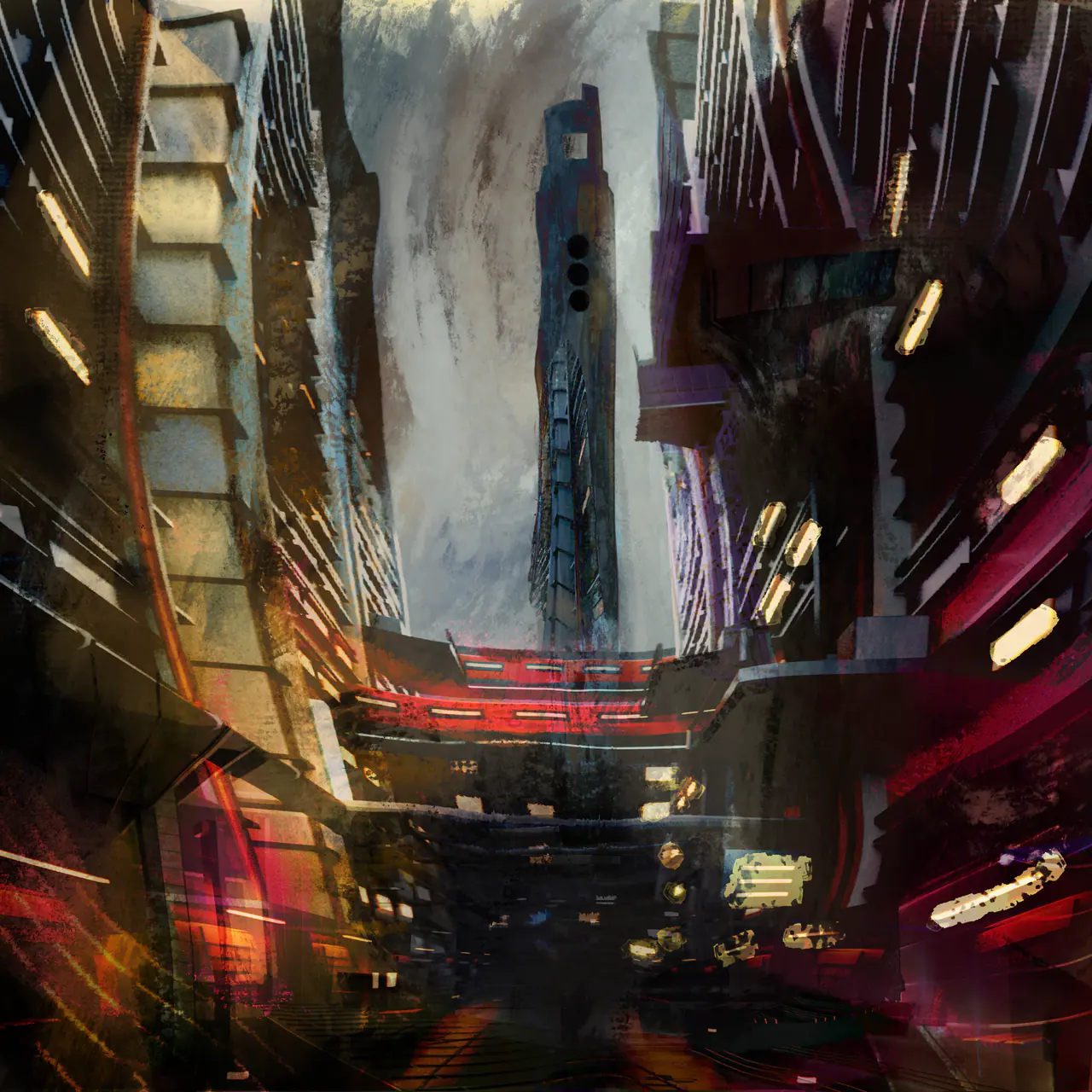 A city street seen from below, between tall buildings that lean inward. A dark tower stands against a pale grey sky; lit windows and strips of red light run along the walls, and a red bridge crosses the street.