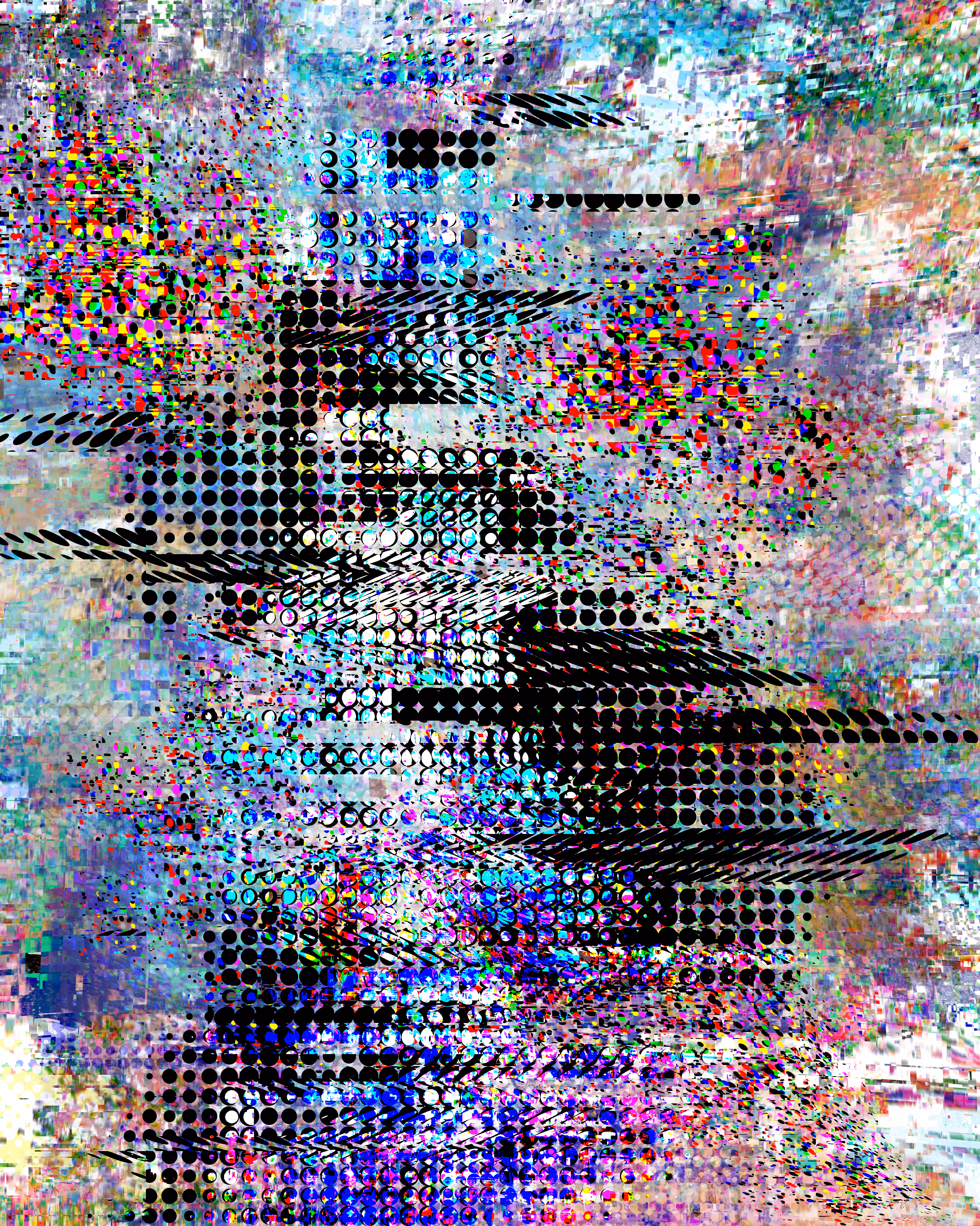 A glitched image in pale, washed-out colour, broken into rows of black halftone dots, cyan and blue patches, and specks of magenta, red and yellow. Dark diagonal streaks and horizontal bands cut across the middle.