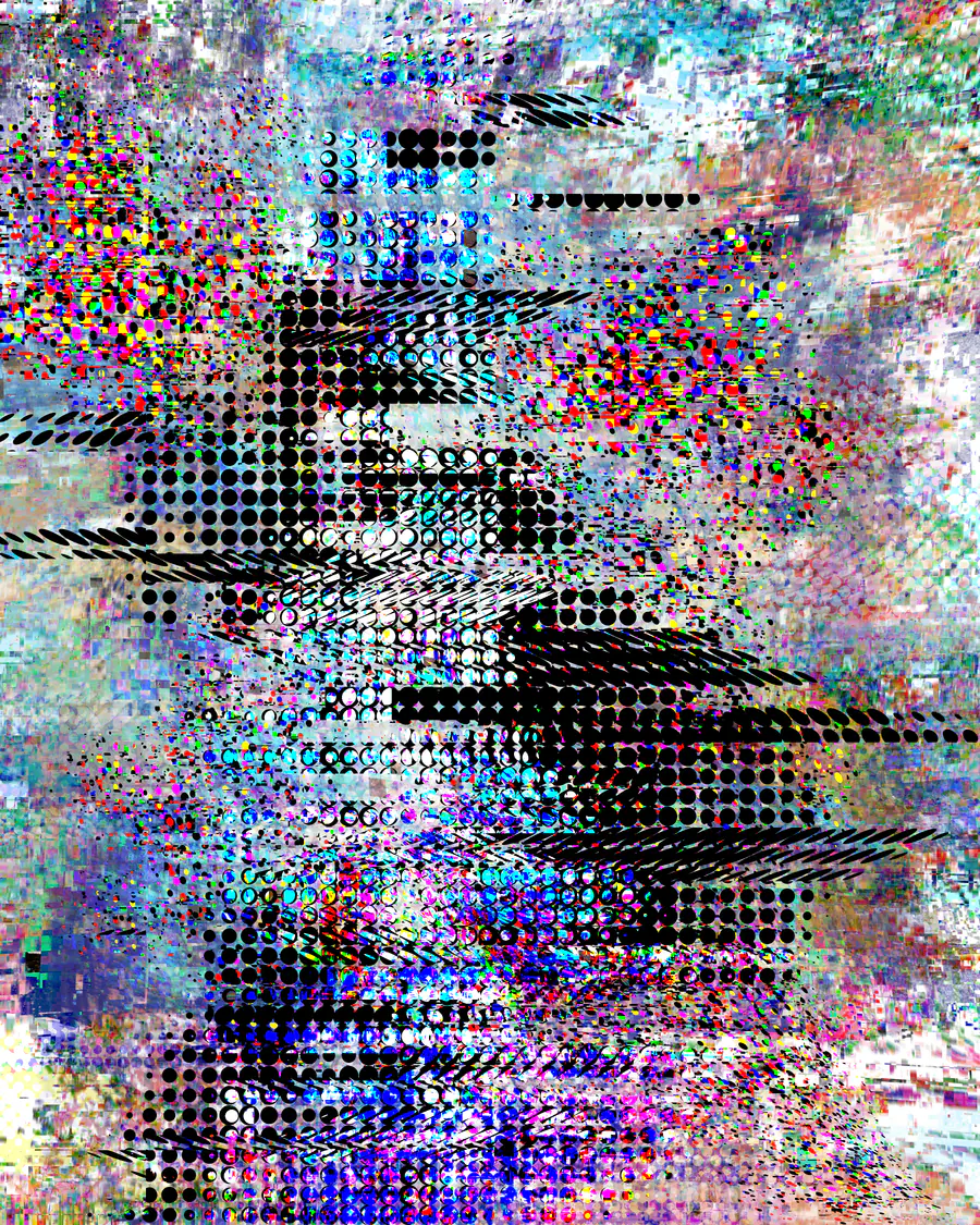 A glitched image in pale, washed-out colour, broken into rows of black halftone dots, cyan and blue patches, and specks of magenta, red and yellow. Dark diagonal streaks and horizontal bands cut across the middle.