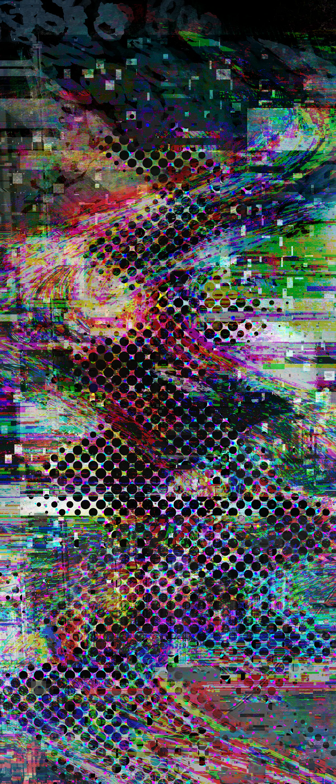 A very tall, narrow glitched image. Swirls of magenta, green, cyan and red are torn by horizontal blocks and covered by a grid of black dots; pale smeared shapes sit near the top.