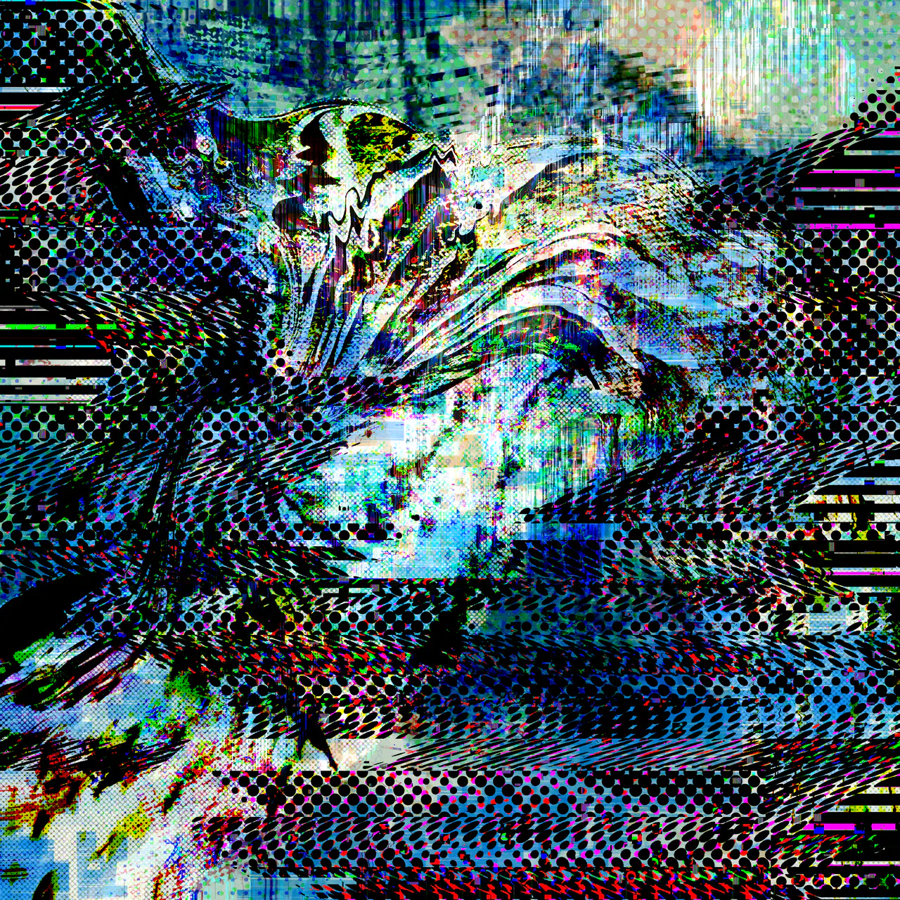 A square glitched image in cyan, blue and black. A bright, twisting organic form bursts from the centre under a mesh of dark halftone dots, with bands of magenta and green at the left and right edges.