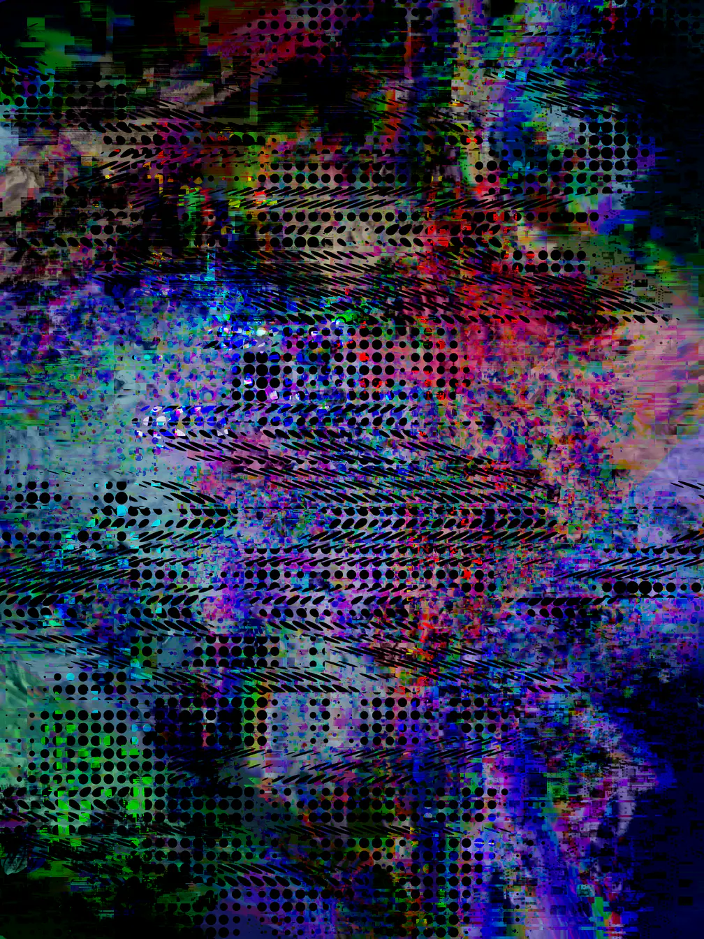 A dense upright field of deep blue, violet and magenta, broken into blocky artefacts and covered by rows of black halftone dots and short slanted dashes. Flecks of green and red show at the lower left and upper middle.