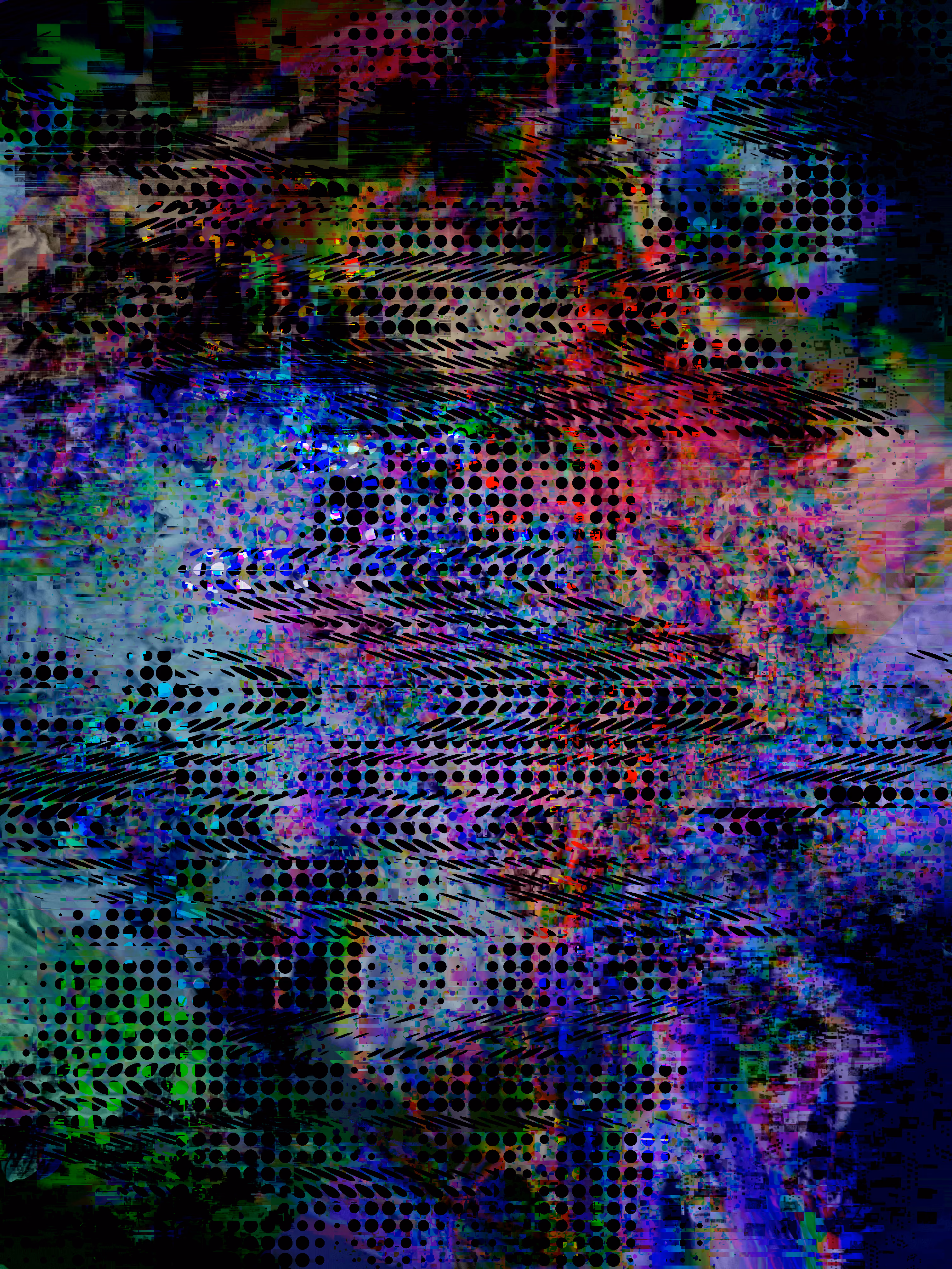A dense upright field of deep blue, violet and magenta, broken into blocky artefacts and covered by rows of black halftone dots and short slanted dashes. Flecks of green and red show at the lower left and upper middle.