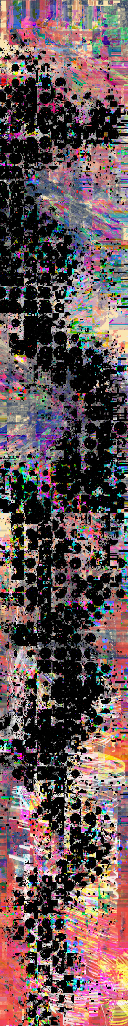 An extremely narrow vertical strip, eight times taller than it is wide. Pink, coral and lilac noise runs its whole length, with a column of large black dots and torn blocks down the middle.