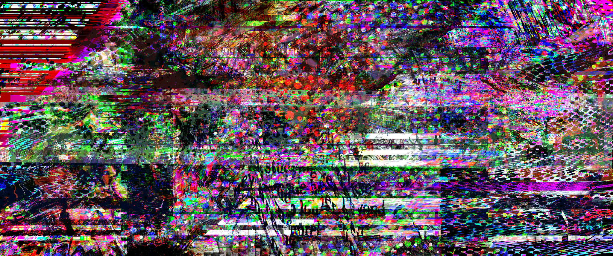 A wide panorama of dense glitch noise: red, green, magenta and purple specks, horizontal streaks and patches of halftone dots on black. Lines of dark handwriting are buried in the lower middle.