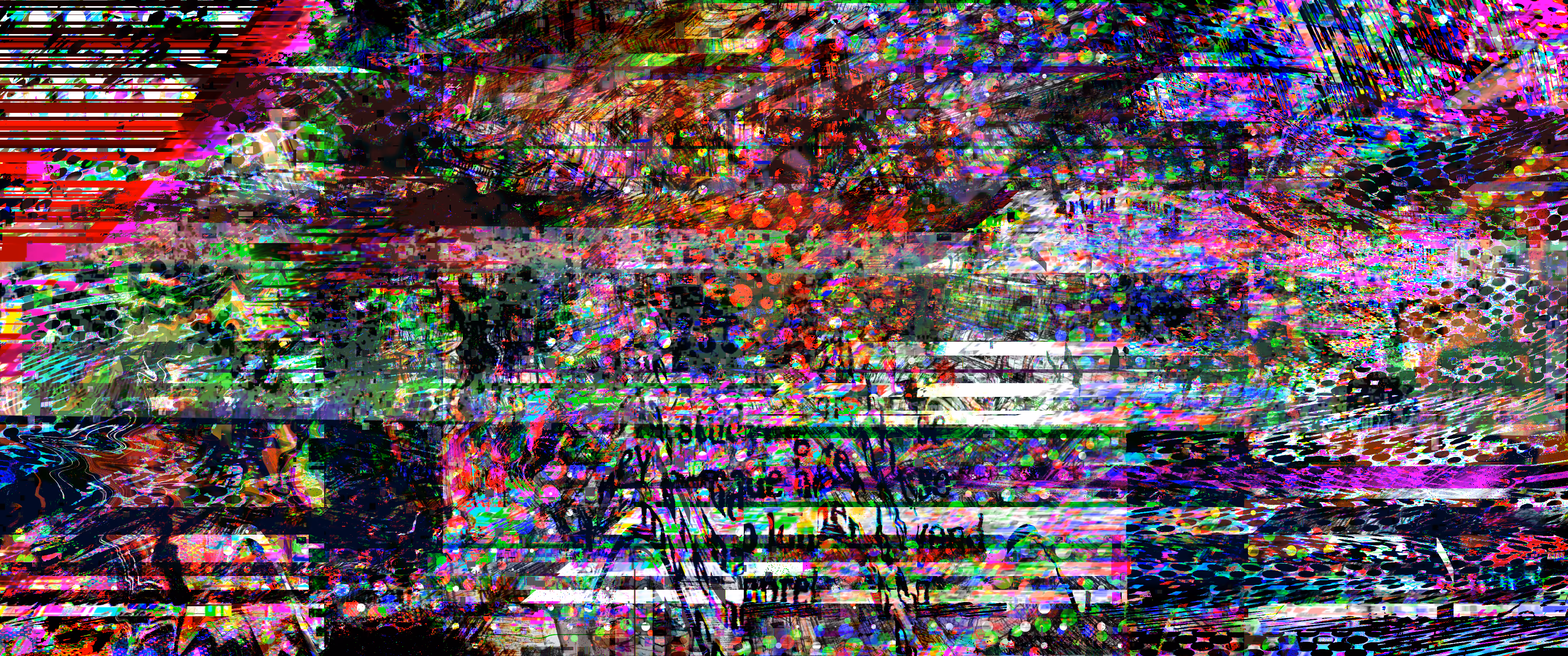 A wide panorama of dense glitch noise: red, green, magenta and purple specks, horizontal streaks and patches of halftone dots on black. Lines of dark handwriting are buried in the lower middle.