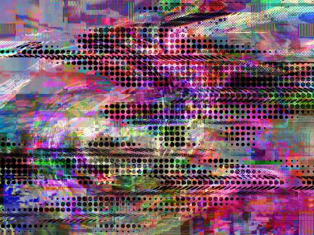 A small landscape image of magenta, pink and violet glitch noise, crossed by horizontal rows of large black halftone dots and slanted dashes, with streaks of green and orange.