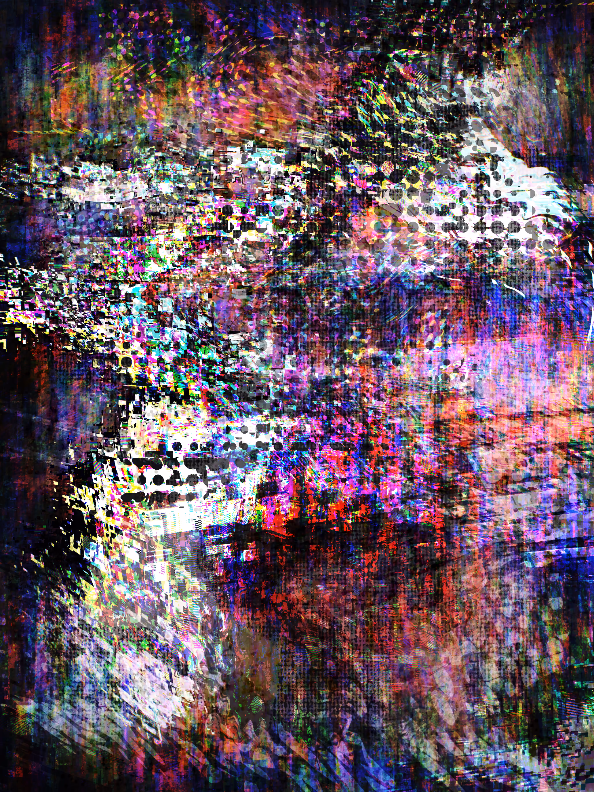 A dark upright glitch image in red, purple and blue, with a bright white bloom across the upper middle and a smaller one at the left. Patches of black halftone dots and coloured specks are scattered through it.