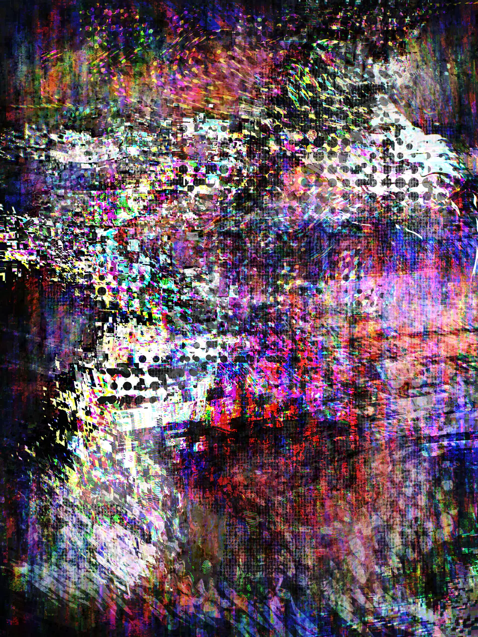 A dark upright glitch image in red, purple and blue, with a bright white bloom across the upper middle and a smaller one at the left. Patches of black halftone dots and coloured specks are scattered through it.