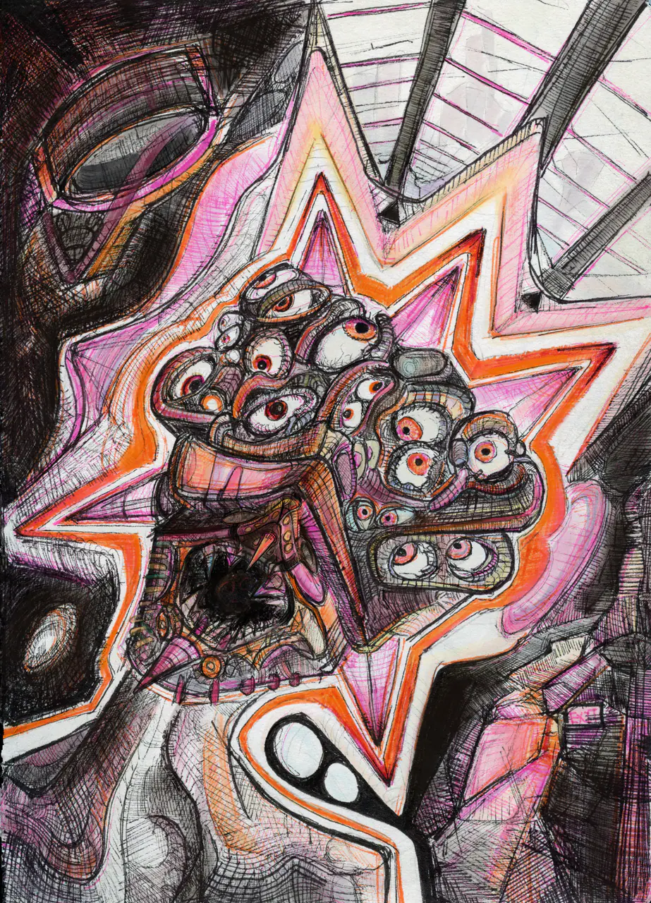 A monster with many bloodshot eyes and an open, toothed mouth bursts through a jagged orange and pink star. Dense black cross-hatching fills the space around it, with a pale ladder-like structure at the upper right and a black shape with two white circles at the bottom.
